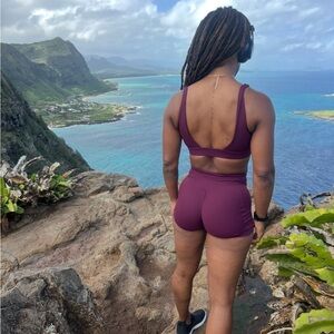 Wine (deep plum/burgundy tone) Seamless Workout Set Sports Bra + Biker Shorts